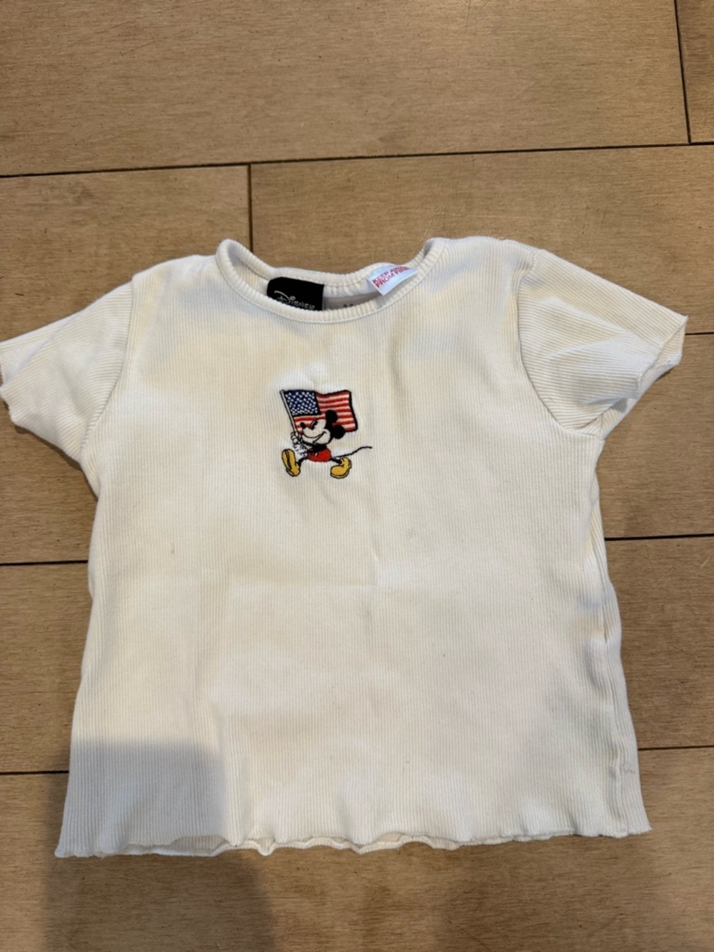 Zara Toddler White Ribbed Tee with Flag Mickey Mouse Disney Embroidery